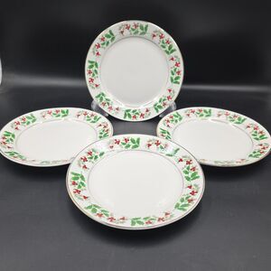 Gibson Holiday Holly Berry Plates Saucers Set 4 Gold Rim Christmas China 6-7/8”